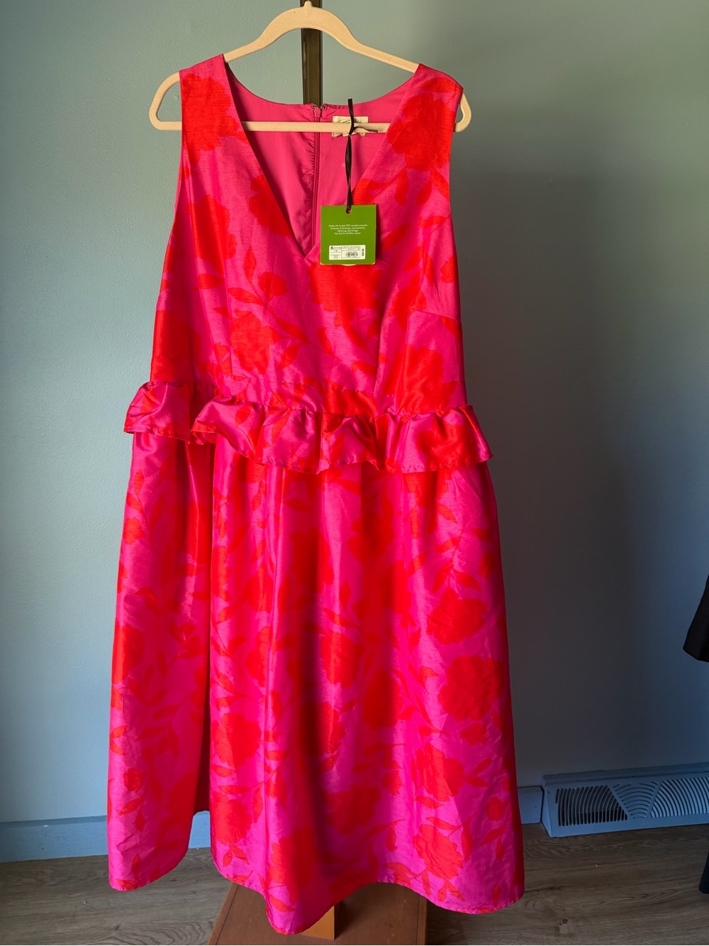 kate spade New York Hot Pink & Red Floral Ruffle Waist Party Dress sz 18 nwt